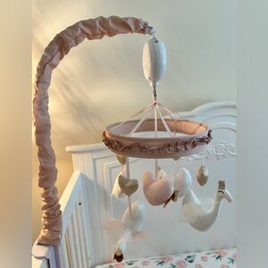 The Peanutshell Grace Pink Swan and Hearts Musical Crib Mobile